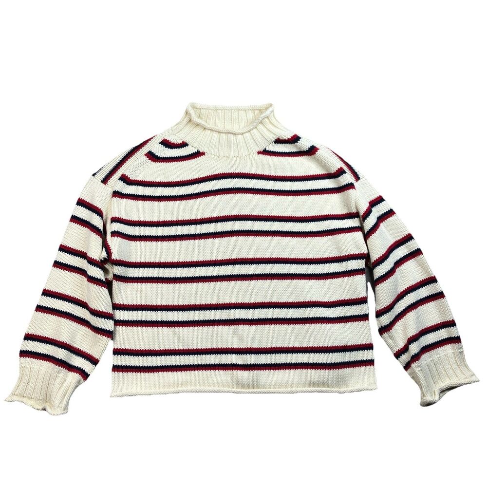 J Crew 2025 Rollneck Sweater Cream Red Striped 100% Cotton Americana Womens M - Picture 3 of 15